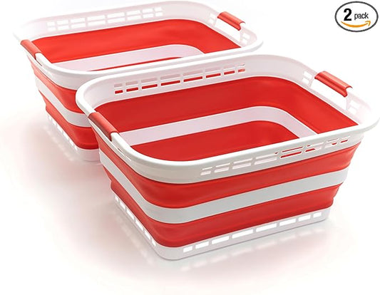 SAMMART 42L (11 gallons) Collapsible Plastic Laundry Basket - Portable Pop Up Storage Container/Organizer - Portable Hamper - Space Saving Easy Storage (White/Viva Magenta [BPA Free] (Set of 2))