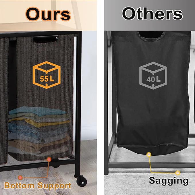 Timberer Laundry Hamper, Laundry Sorter, Rolling Laundry Basket with Drawer, 18 Gal (68 L), Pull-Out and Removable Oxford Fabric Bags, Black and Rustic Brown