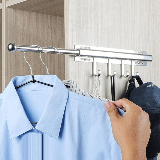 BaiNong 12 inch Valet Rod for Closets Pull Out Closet Valet Rod Slide Out With 4 Hooks Silver Pull Out Clothes Hanger