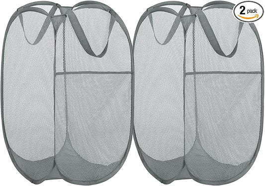 BATTOO Deluxe Strong Mesh Pop up Laundry Hamper Basket with Side Pocket for Laundry Room, Bathroom, Kids Room, College Dorm or Travel 2 Pack White