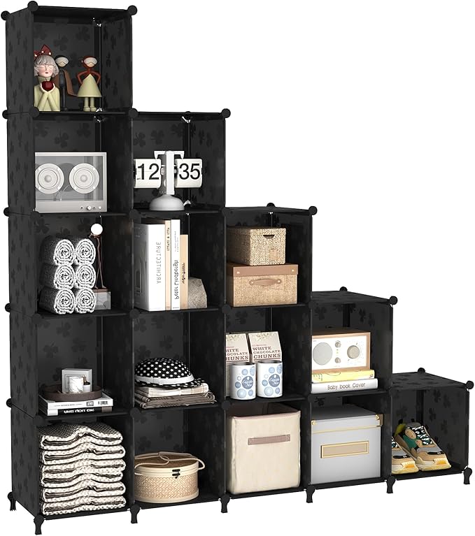 UNKU Cube Storage Organizer, 16 Cube Closet Organizer Storage Shelves, DIY Stackable Bookcase, Clothes Organizer Shelf for Closet, Bedroom, Living Room, Cabinet, Home, Office, Black