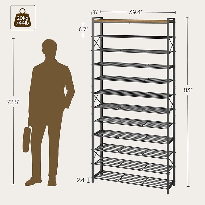 YATINEY 12-Tier Shoe Rack, 39.4" L Shoe Shelf for 54-60 Pairs of Shoes, Tall Shoe Storage Organizer with Metal Frame, Large Capacity Shoes Rack for Entryway, Closet, Rustic Brown and Black SS40BR