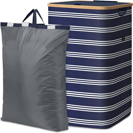 BALEINE Laundry Hamper with Lid, Tall Laundry Baskets with Bamboo Pull Handles, Large Laundry Bin with Internal Support (26 Gal/100L, Blue Pinstripe)