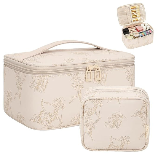 OCHEAL Makeup Bag Set, Portable Travel Makeup Bags Cosmetic Organizer Bag for Women Cute Floral Cosmetic Pouch Large Capacity Make up Bag PU Leather Toiletry Bags with Divider and Handle-Beige
