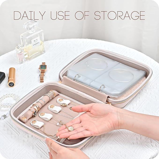 ProCase Medium Travel Jewelry Organizer Case, Jewellery Home Storage Book Ring Binder with Clear Pockets for Presentation, Zippered Pouch Bag for Earrings Necklaces Bracelets -Pink