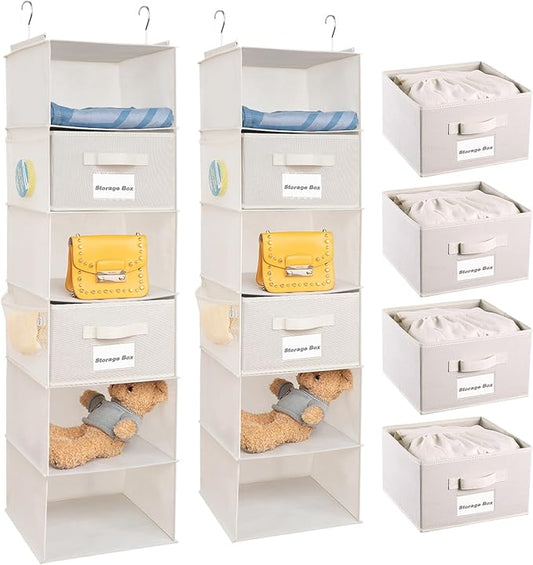 BrilliantJo 2 Pack 6 Shelves Hanging Closet Organizer with 2 Drawer, Hanging Storage with 4 Side Pockets for Clothes Shoes, 43.5"x12"x12"(Beige)