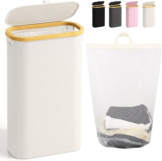 Bathola 75L Slim Laundry Hamper with Lid, Dirty Clothes Hampers for Laundry, Collapsible Laundry Baskets for Small Spaces, Bedroom, Bathroom, Laundry Room, Beige