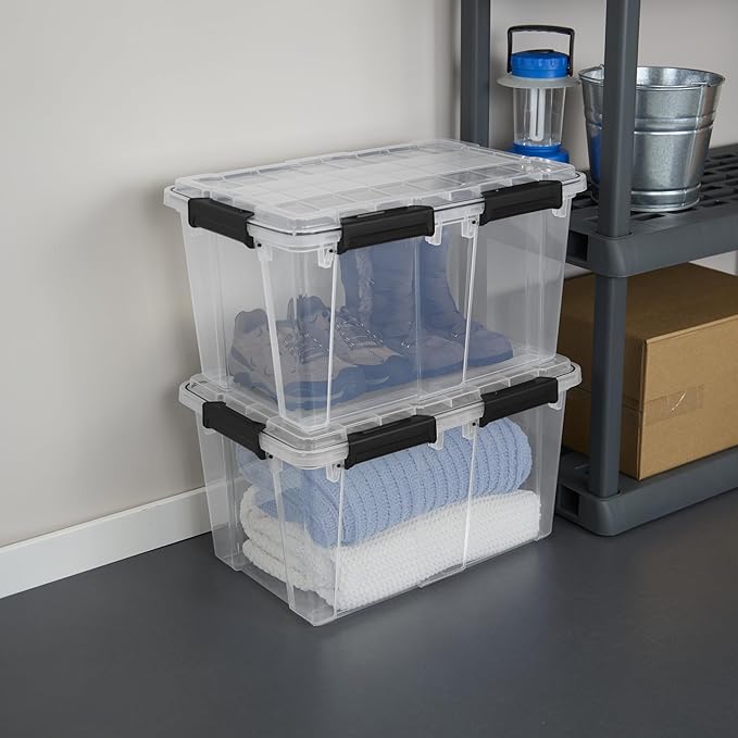 Sterilite 4 Pack 54 Qt Gasket Box, Clear Stackable Plastic Storage Container with Lids, Black - Waterproof Organizer and Dustproof Tote for Home Organization