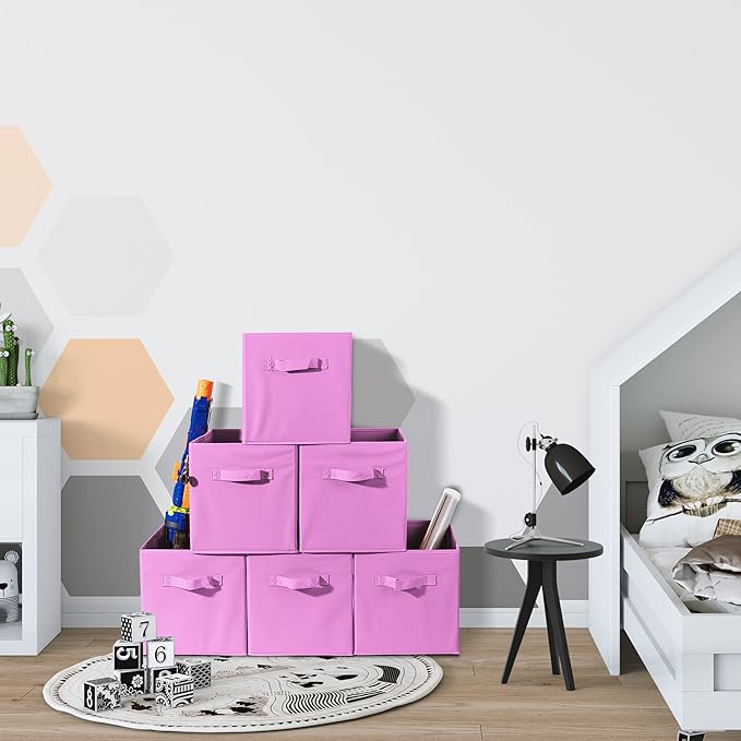 Sorbus Storage Cubes - 11 Inch Foldable Fabric Baskets for Organizing Pantry, Closet, Shelf, Toy Box, Cubby - 6 Collapsible Cloth Cube Storage Bins for Home, Nursery, Playroom, Bedroom (Pastel Pink)