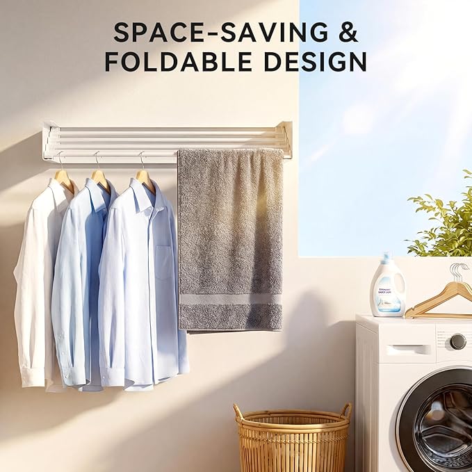 Clothes Drying Rack Wall Mounted - 40" Large Stainless Steel Laundry Drying Rack Collapsible, 60LBS Heavy Duty Retractable Hanger, 5-Rod Tiered Foldable Rack for Indoor