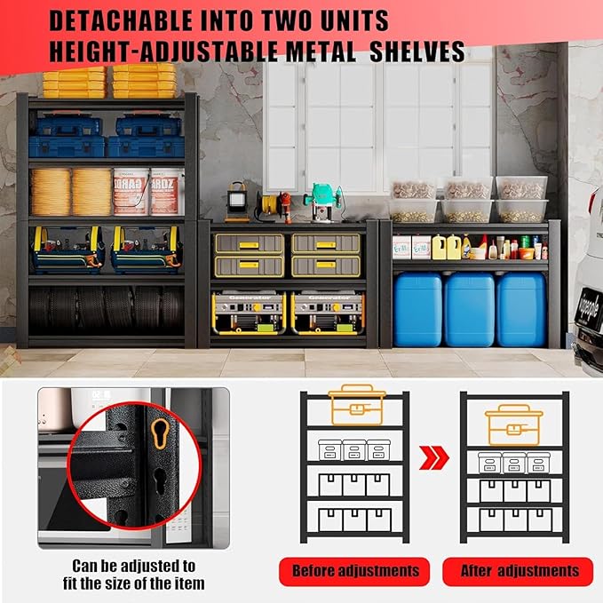 63''H Garage Shelving Heavy Duty Storage Shelves for Garage, Multi-Size Adjustable 4 Tier Shelving Unit, Metal Garage Shelving for Industrial, Basement, Warehouse (63''Hx40''Wx18''D, Black)