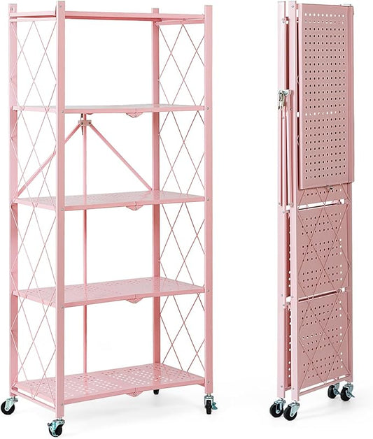 BRIAN & DANY 5-Tier Foldable Storage Shelves with Wheels, Folding Metal Rack Shelving Unit, Heavy Duty No Assembly Organizer Shelf for Garage, Kitchen, Basement, Pantry, Pink