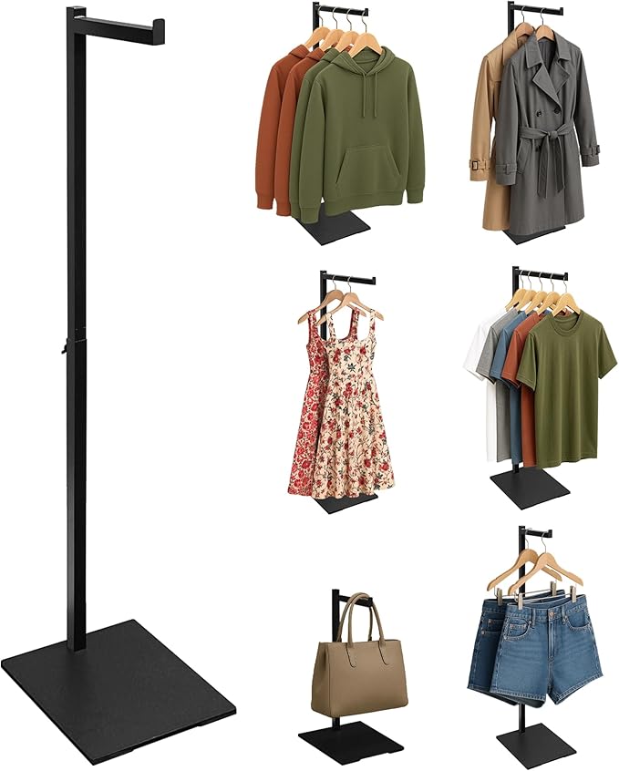 Standing Clothes Rack, 21" - 36" Height Adjustable Clothes Hanger Rack Stand, Metal Clothes Rack, Clothing Display Rack, Garment Display Stand for Thrift Shops and Retail Store, Black, 1Pack