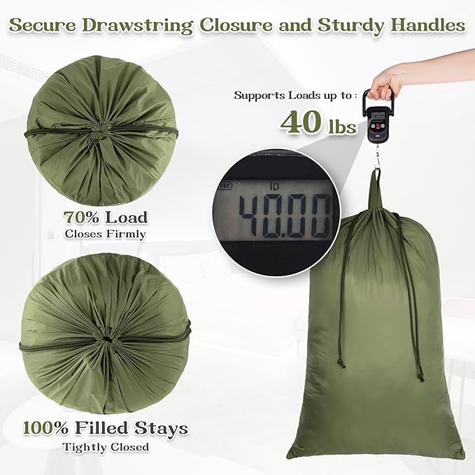 Heavy Duty Nylon Laundry Bag, Extra Large Sleeping Bag Storage Sack, Drawstring Closure with Carrying Handles, Ultra-Light for Camping, Outdoors, Machine Washable