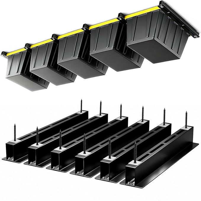 Yuleimy Overhead Garage Storage Rack 6-Pack - Heavy Duty Garage Ceiling Storage Racks for Tote Containers - 17" Adjustable Tote Rack 27 Gallon Storage System, Hanging Bin Ceiling Mount Rails