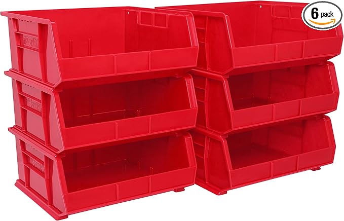 Akro-Mils 30250 AkroBins Plastic Storage Bins, Space-Saving Stackable Bins for Garage, Pantry, Craft Organization, 15" x 16" x 7", Red, 6-Pack