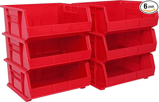 Akro-Mils 30250 AkroBins Plastic Storage Bins, Space-Saving Stackable Bins for Garage, Pantry, Craft Organization, 15" x 16" x 7", Red, 6-Pack