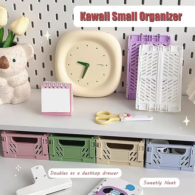 Tobeso-Nuoze Pastel Plastic Storage Baskets 2 Pack, Collapsible Crates for Organizing, Space-Saving Bins for Kitchen, Office, Bedroom (Purple, Small: 5.8"x 3.8" x 2.2")