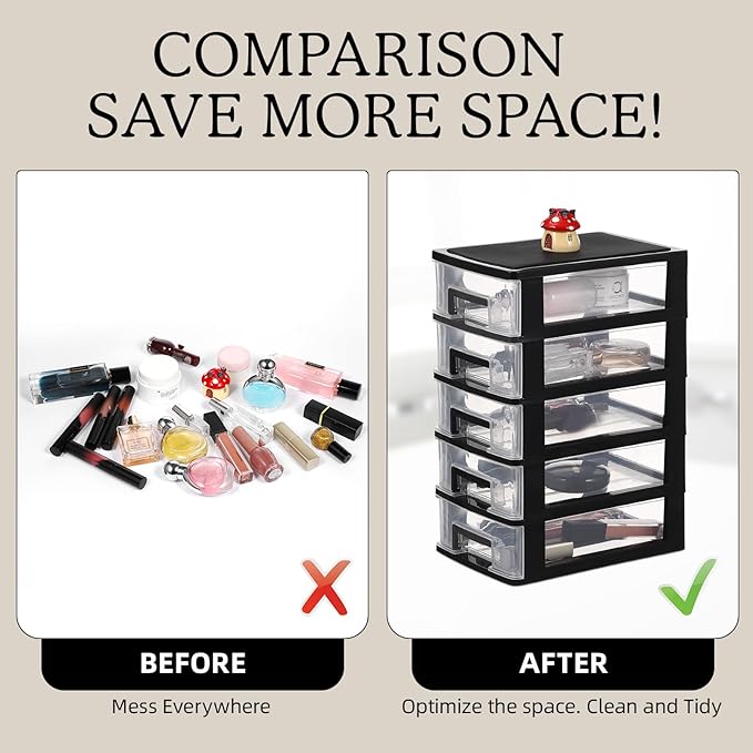 Multifunctional Five-Layer Plastic Storage Cabinet with Transparent Drawers - Space-Saving Organizer for Office, Closet, and Home, 12.36 Inches, Black