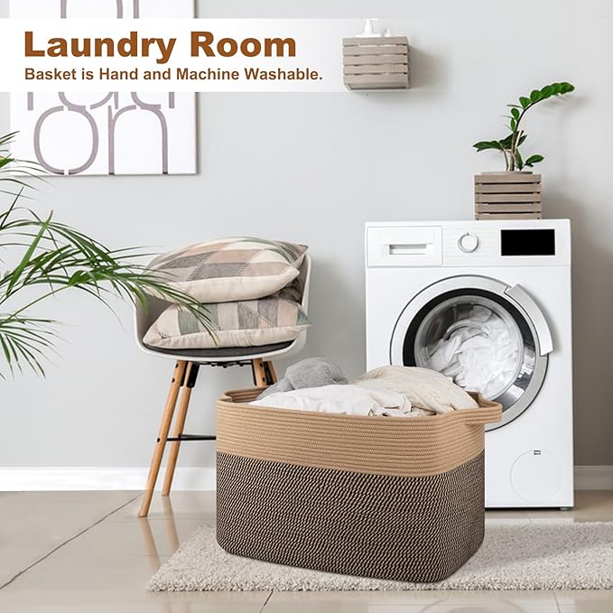 OIASKET XXXL Supre Large Blanket Basket for Clothes, Towels, Pillows, 108L Cotton Rope Storage Basket for Living Room, Supre Large Woven Toy Storage for Kids, 25" x 16" x 16", Brown and Black