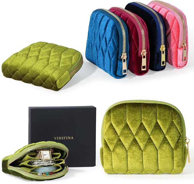 Small Travel Jewelry Case, Mini Travel Jewelry Bag with Zipper, 5-Layer Velvet Organizer Pouch for Bracelet Rings Earrings - Diamond Stitched Velvet Moss Green