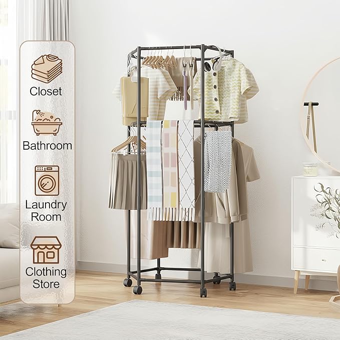 Clothes Rack with Wheels, Hexagonal Rolling Clothing Rack for Hanging Clothes, Clothes Drying Rack, Garment Storage for Bedroom, Laundry, Balcony (68" H)