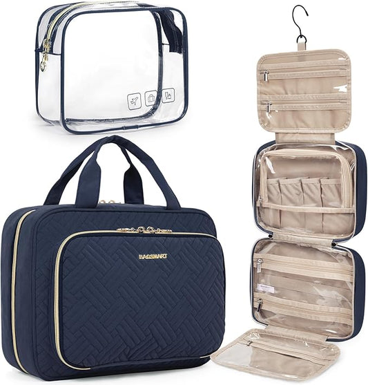 BAGSMART Toiletry Bag Hanging Travel Makeup Organizer with TSA Approved Transparent Cosmetic Bag Makeup Bag for Full Sized Toiletries, Large-Navy