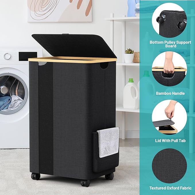 BlissTotes 75L Laundry Basket Slim Laundry Hamper with Wheels Lid, Collapsible Laundry Hampers, Laundry Bin, Clothes Hamper Basket with Internal Support & Handles for Bathroom, Bedroom (Gray)