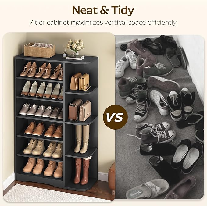 YATINEY Tall Shoe Rack, Multifunctional Shoe Cabinet with Open Storage, Entryway Shoe Organizer for Closet, 7-Tier Wooden Shoe Storage Closet with Adjustable Shelves, Black SC02BK