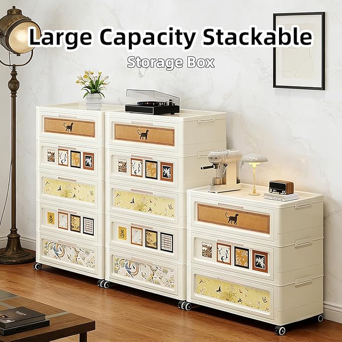 300QT Foldable Storage Cabinet with Lids, Stackable Storage Drawers with Doors and Wheels,ABS Durable Storage Cabinet Organizer for Home, Living Room, Kitchen, Stylish Home Decor (5 Tier)