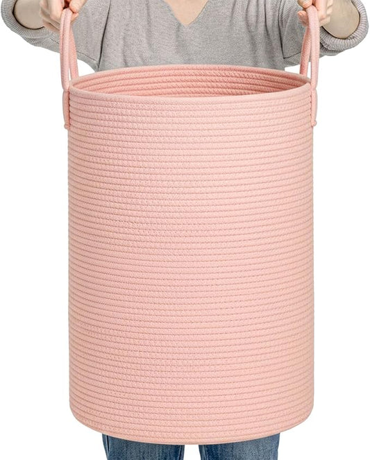 CLHMILY&Z Laundry Hamper Round Storage Rope Basket in Living Room, Bedroom, Laundry Room for Toy, Clothes, Blanket, Pillow (Pink, 60L)