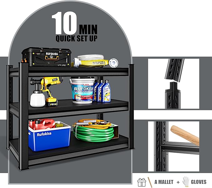 40" W 3-Tier Garage Shelving Heavy Duty, 1500LBS Loads Garage Storage Shelves, Metal Shelving Units and Storage Racks, Industrial Utility Shelf Heavy Duty,40" Wx16 Dx36 H, Black