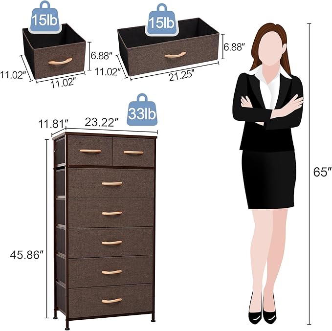 Crestlive Products Vertical Dresser Storage Tower - Sturdy Steel Frame, Wood Top, Easy Pull Fabric Bins, Wood Handles - Organizer Unit for Bedroom, Entryway, Closets - 7 Drawers (Brown)