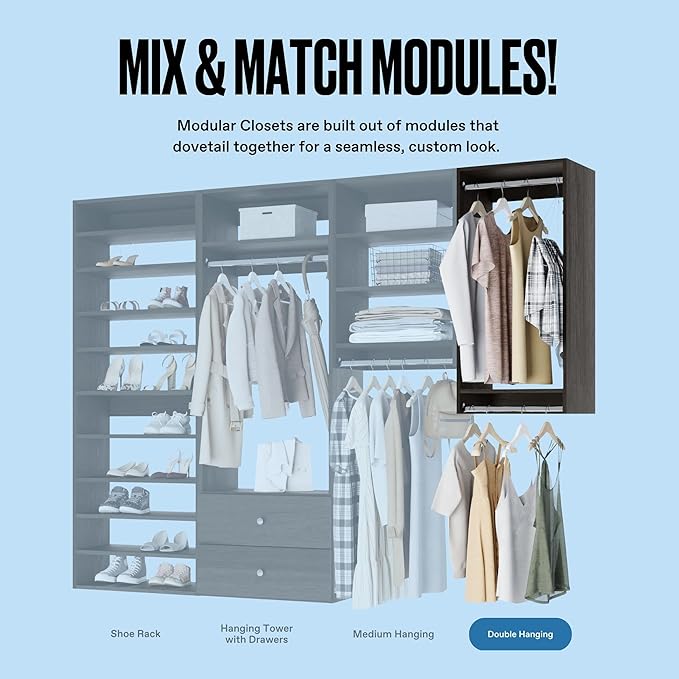 Double Hanging Closet Unit - Modular Closet System for Hanging - Corner System - Organizers and Storage Shelves (Grey, 33 inches Wide)