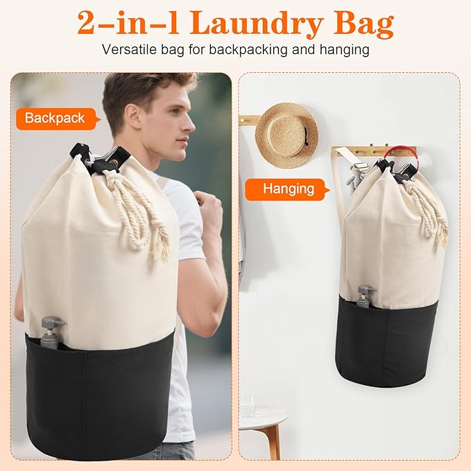 NAHADS Black single-shoulder backpack-style laundry bag made of durable canvas material with a drawstring closure design, suitable for use at university, camping, laundromats, and apartments.