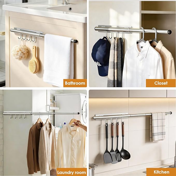 Lewondr Valet Rod for Closet Pull Out, 12" Adjustable Heavy Duty Extending Closet Rod, Valet Clothing Hanger Rods Extender for Wardrobe, Laundry Room, Bedroom, Bathroom, Silver, 2 Pack