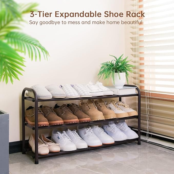 Gonfoam 3-Tier Expandable Shoe Rack,Adjustable Shoe Shelf Storage Organizer Heavy Duty Metal Free Standing Shoe Rack for Entryway Closet Doorway (Bronze)