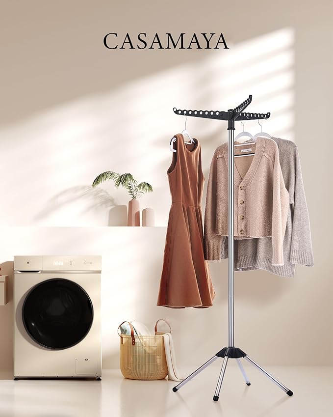 CASAMAYA Clothes Drying Rack Foldable, 59 inch Tripod Laundry Drying Rack Indoor with Rotating Clothes Rail for 27 Pieces of Clothes, Space Saving, Stainless Steel, Black and Silver CDR001B01