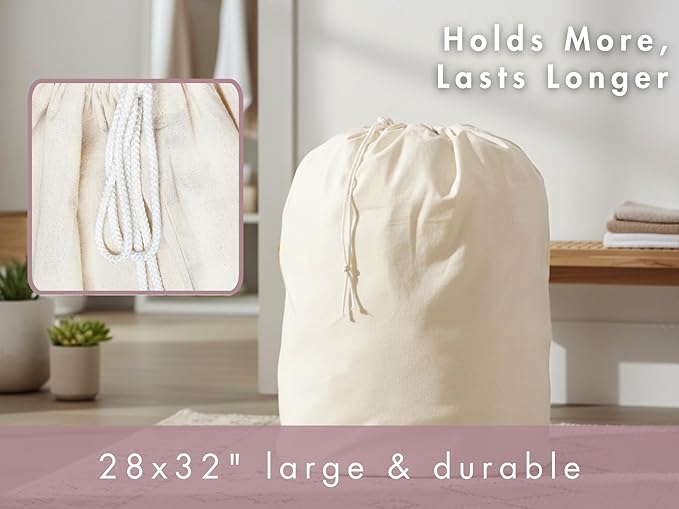 PurpleEssences Laundry Bag Durable Clothes Drawstring Bag Machine Washable Travel Laundry Organizer for Dorm, College, Hamper - Set of 2, 28 x 32 Inch, Laundry Liner Bag - Natural
