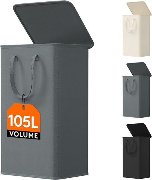 Lifewit 105L Large Big Laundry Hamper, Laundry Basket with Lid, Dirty Collapsible Clothes Storage with Easy Carry Extended Handles, Tall Hampers for Bedroom Laundry Room, Gray, 1 Pack