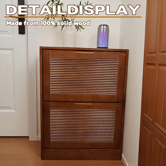 Solid Shoe Storage Cabinet with 2 Flip Drawers, Narrow Wood Shoe Organizer Cabinet with Fluted Panel, Slim Shoe Rack for Entryway, Freestanding Shoe Cabinet for Entryway Hallway Foyer，Walnut