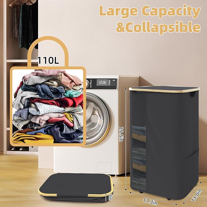 Rolling Laundry Hamper with Lid & Wheels, 110L Slim Double Black Laundry Hamper 2 Section, Narrow Large Laundrys Hampers with Removable Bags&Breathable Mesh, Dirty Clothes Hampers for Bedroom