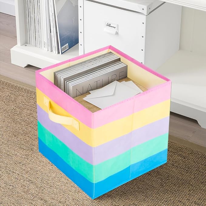 PowerKing Collapsible Storage Cubes with Handles, Fabric Foldable Bins for Closet Shelves, Durable Organization Storage Bins, 10.5'' x 11'' x 10.5'' (6Pack, Rainbow)