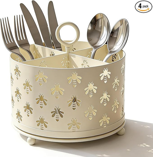 NelyBet 360°Rotating Utensil Caddy Countertop - Bee Silverware Caddy Holder with 4 Compartment - Mesh Cutlery Caddy Holder with Handle for Party Kitchen Counter Office Cream White