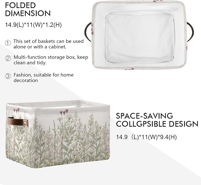 xigua Vintage Colorful Herbs Wild Flowers Floral Storage Basket Collapsible Toy Storage Bins Waterproof Canvas Storage Basket with Leather Handles for Home Closets Offices,Bedrooms,Kids Toy and Gift