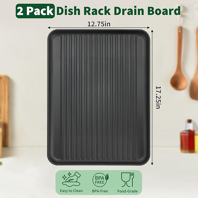 Dish Drying Rack Tray for Kitchen Counter, 2 Pack Dish Rack Drain Board Large Plastic Dish Drying Tray for Bowls Plates Utensils Coffee Cups Household Kitchen Sink Use (Tray Only)