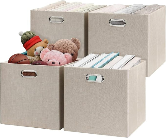 Posprica Storage Cube Basket Bins,13×13 Foldable Storage Boxes for Closet Organizer Shelf Cabinet Bookcase,Thick Fabric Drawer,Set of 4, Beige