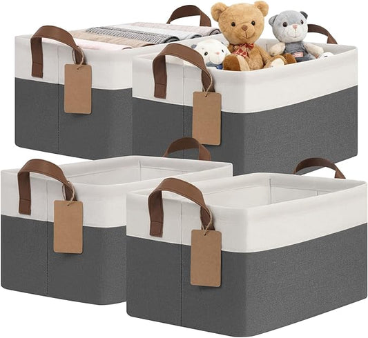 CHICVITA 4 Pack Storage Baskets for Shelves, Closet Organizers and Storage Bins with Handles, Fabric Toy Bins for Nursery Living Room, 14.8" x 10.3" x 8.3", Gray & White