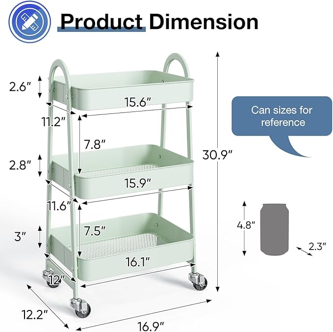 OLIXIS Metal 3 Tiers Utility Rolling Cart with Lockable Caster Wheels, Mobile Storage Shelf, Organization for Livingroom, Bathroom & Narrow Places, Pale Green