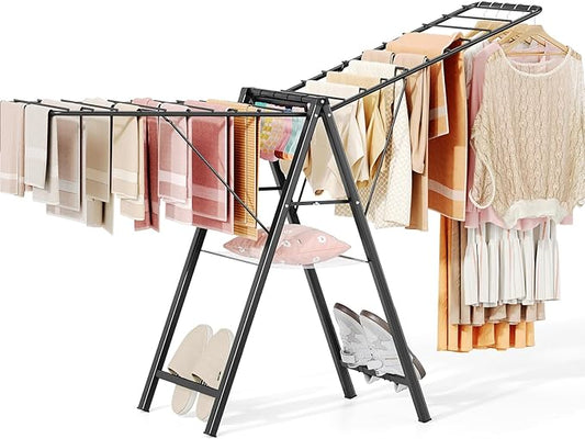 APEXCHASER Foldable Clothes Drying Rack, Metal Laundry Drying Rack Collapsible, Ultra Thin Clothes Rack for Sweater Bra Towel for Indoor & Outdoor Use, Height Adjustable Gullwing Clothes Airer, Black